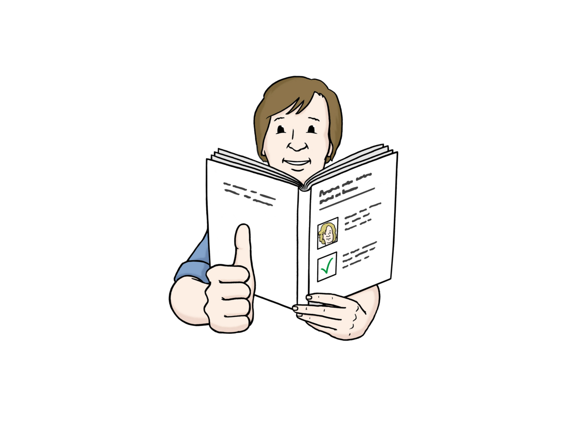 Ein Mensch hält ein aufgeschlagenes Buch in einer Hand. Die andere Hand ist zur Faust geschlossen und der Daumen nach oben gestreckt.