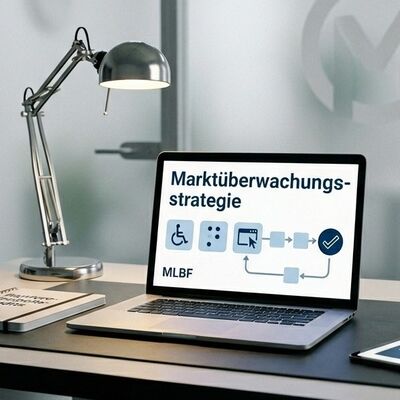 Laptop steht aufgeklappt auf einem Bürotisch. Auf dem Bildschirm steht Marktüberwachungsstrategie.